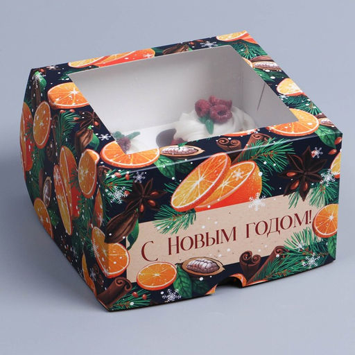 Цена за 5 шт. Коробка складная на 4 капкейка новогодняя с окном «С Новым годом», 16×16×10 см