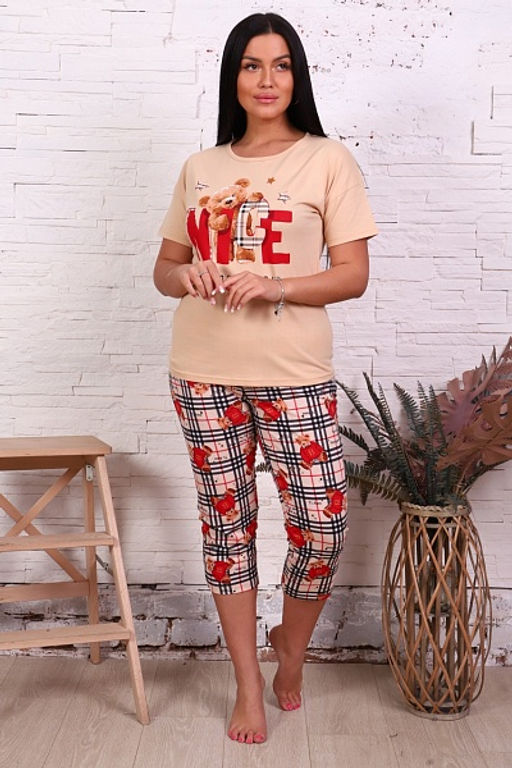 Пижама с бриджами, принт Мишки, бежевый (817-2) - Плиона фото 2