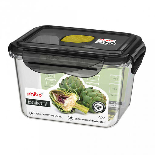 Контейнер для продуктов пластмассовый 0,7л Brilliant, д14см, h9см, прямоугольный, ручки-клипса, черный, подходит для СВЧ и морозильной камеры, Phibo (Россия) - Домашняя мода фото 4