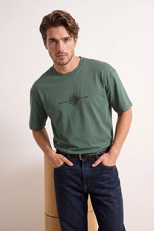 Ye_il Oversize/Geni_ Kesim Bask_l_ %100 Pamuk T-Shirt TMNSS26TS00053 - Trendyolmilla фото 2