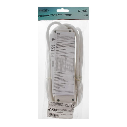 Удлинитель Luazon Lighting, 3 розетки, 3 м, 6 А, 1300 Вт, 3×0.75 мм2, с заземлением, с выключателем, белый