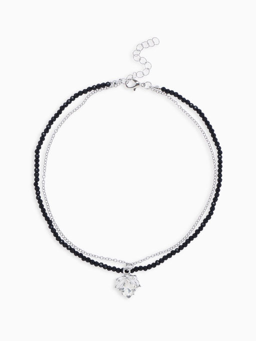 Колье из бисера «Сердце», двойной ряд, чёрно-белое в серебре