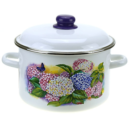 "Сирень" Кастрюля эмалированная 5,5л, д24см, h15см, цилиндрическая форма, металлическая крышка с пластмассовой ручкой-кнопкой, ободок из нержавеющей стали, белый (Россия)