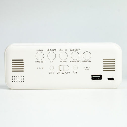 Часы - будильник электронные, настольные, календарь, термометр, гигрометр, 16.8×6.6 см, белые