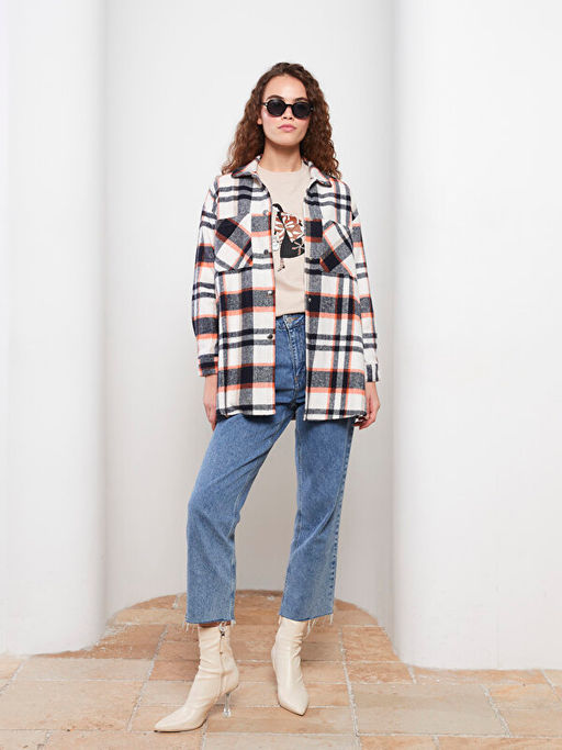 Ekose Uzun Kollu Oversize Gabardin Kad?n Oduncu G?mlek Ceket