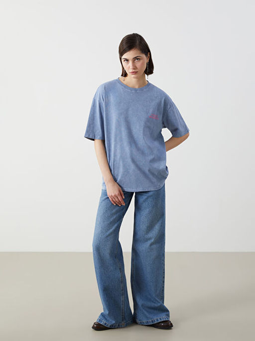 Bisiklet Yaka Bask?l? Oversize Kad?n Ti??rt