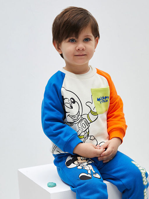 Bisiklet Yaka Uzun Kollu Mickey Mouse Bask?l? Erkek Bebek Sweatshirt