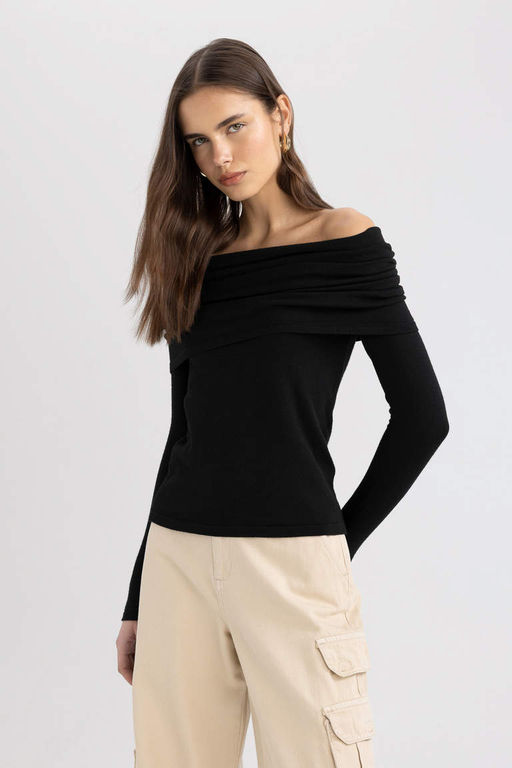 Приталенный свитер с открытыми плечами - Defacto фото 4