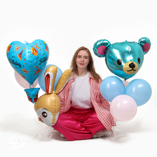 Воздушные шары, букет «Happy Birthday. Мишка и зайка», набор 9 шт.