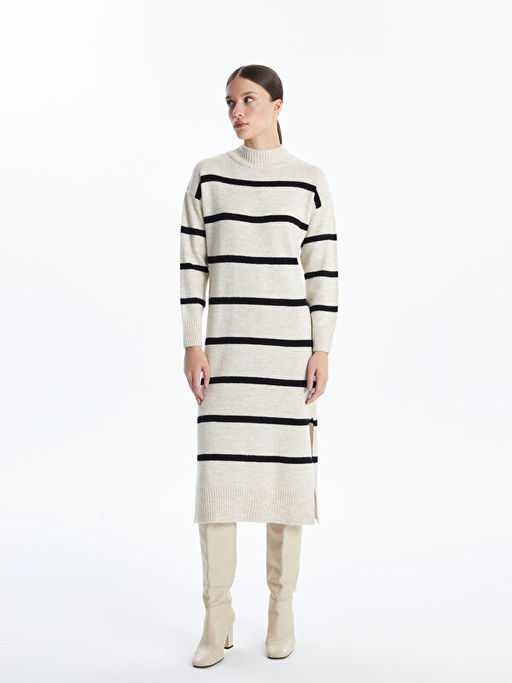 Dik Yaka ?izgili Kad?n Triko Elbise