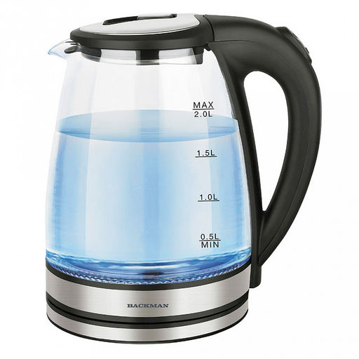 Чайник электрический Backman 2,0л, 2200Вт, закрытый нагревательный элемент, корпус из высококачественного термостойкого стекла, световой индикатор работы, шкала уровня воды, автоматическое отключение при закипании (Китай)