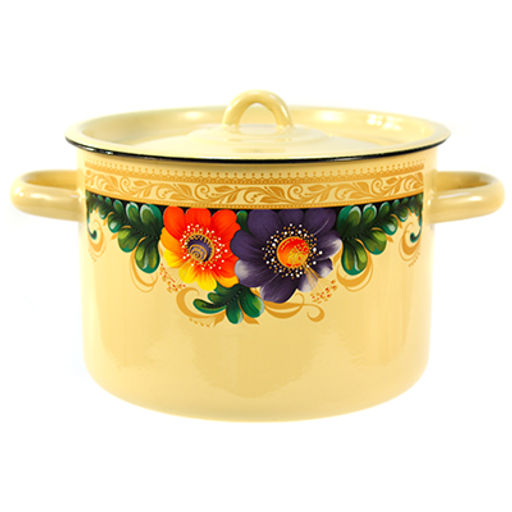 "Вологда" Кастрюля эмалированная 4,5л, д21см, h14см, цилиндрическая форма, металлическая крышка с пластмассовой ручкой-кнопкой, кремовый (Россия)