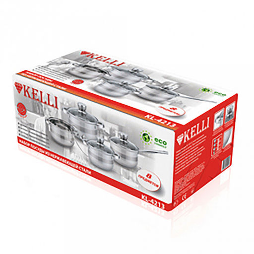 Набор посуды из нержавеющей стали "Kelli" 8 предметов: кастрюля 2,7л, д18см, 3,7л, д20см, 5л, д22см, сотейник 2,1л, стеклянная крышка, пароотвод, зеркальная поверхность, ручки из нержавеющей стали, 5-ти слойное капсульное дно, мерная шкала, клепаные