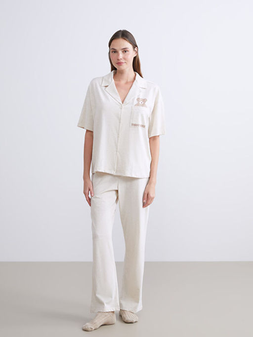 G?mlek Yaka Ay? Bask?l? Kad?n Pijama Tak?m?