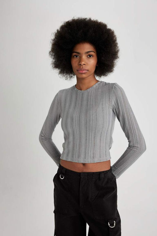 Приталенная футболка с длинным рукавом и круглым вырезом - Defacto фото 4