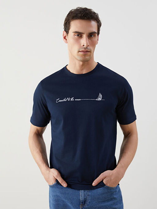 Bisiklet Yaka Bask?l? Penye Erkek Ti??rt