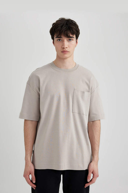 Базовая футболка из 100 % плотной ткани с короткими рукавами и круглым вырезом оверсайз - Defacto фото 4