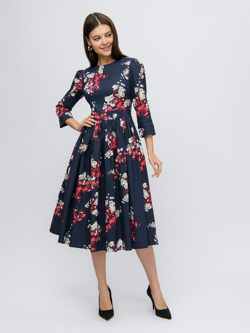 Платье темно-синее длины миди с принтом и рукавами 3/4 - 1001dress фото 2