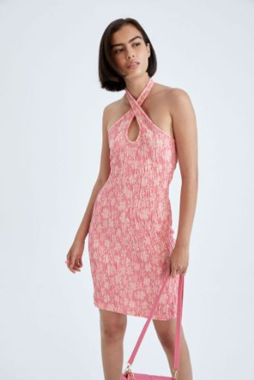Bodycon Wrap Yaka Cicekli Jakar Mini Elbise