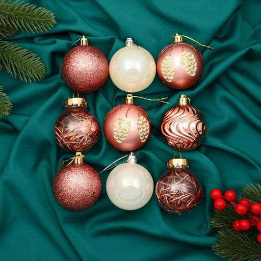 Ёлочные игрушки Мелодия, шары новогодние, d=6 см, набор 9 шт., волны, шишки, белый/розовый - Зимнее волшебство фото 3