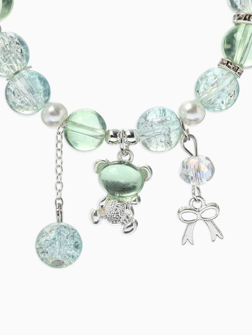 Браслет с подвесками "Сахарный" мишка, шар №10/8, цвет зелёно-голубой в серебре