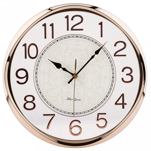 Часы настенные "Мираж" д35см, h5,2см, мягкий ход, циферблат "Вензель" белый/перламутровый; цифры арабские, розовое золото; корпус пластик, золотой/прозрачный; в коробке (Китай)