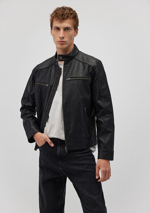Siyah Suni Deri Ceket - Mavi фото 2