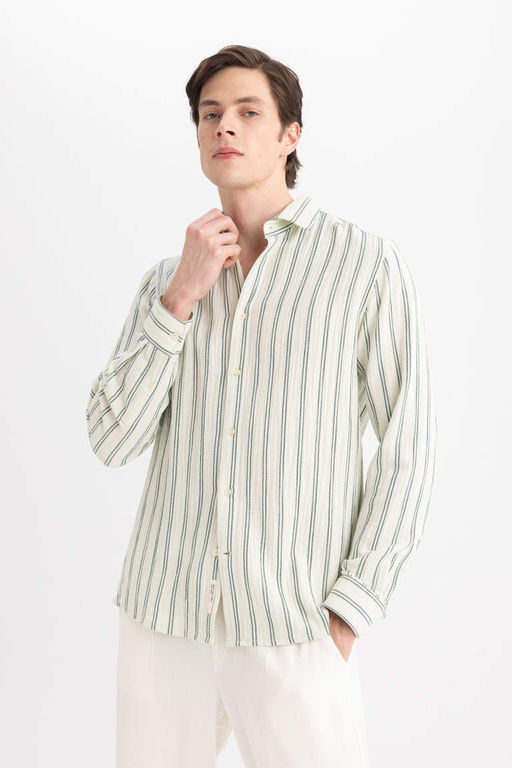 Рубашка в полоску с длинными рукавами и воротником-поло стандартного кроя - Defacto фото 5