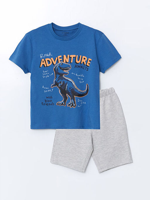 Bisiklet Yaka Dinozor Bask?l? Erkek ?ocuk Ti??rt ve ?ort 2li