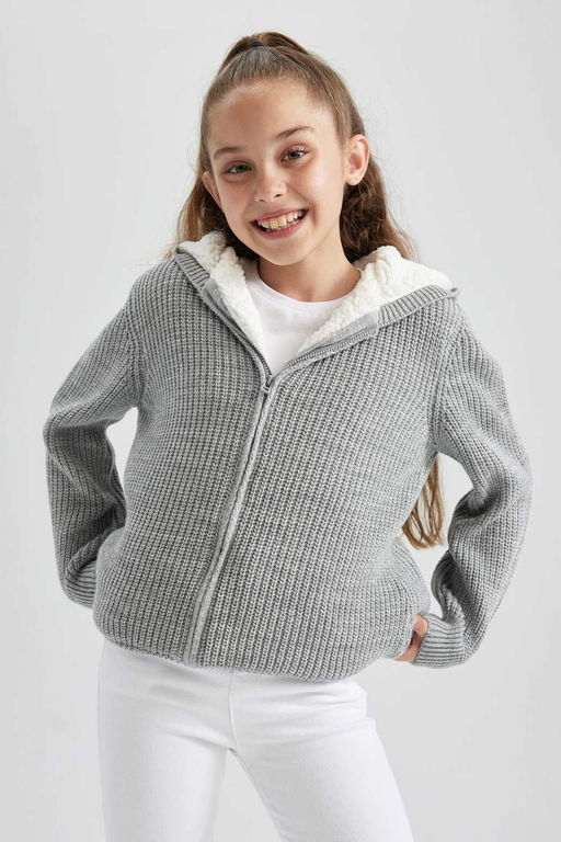 Трикотажный кардиган с капюшоном для девочки - Defacto фото 4