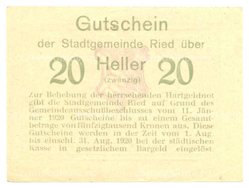 Банкнота 20 геллеров 1920 года Австрия  Нотгельд
