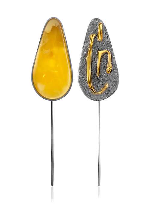 Необычные продевные серьги Апейрон с медовым янтарём