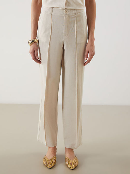 Keten Kar???ml? Kad?n Pileli Pantolon