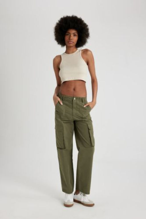 Gabardin Pantolon Straight Fit Standart Boy Yuksek Bel Kargo Cepli