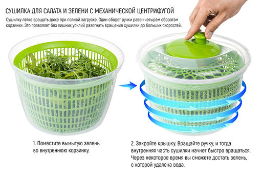 Сушилка для зелени 4,5 л Зелёная, механическая центрифуга, 25*25*16 см - Elan gallery фото 4