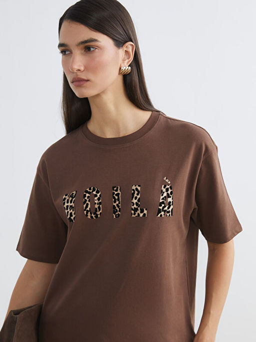 Bisiklet Yaka Bask?l? Oversize Kad?n Ti??rt