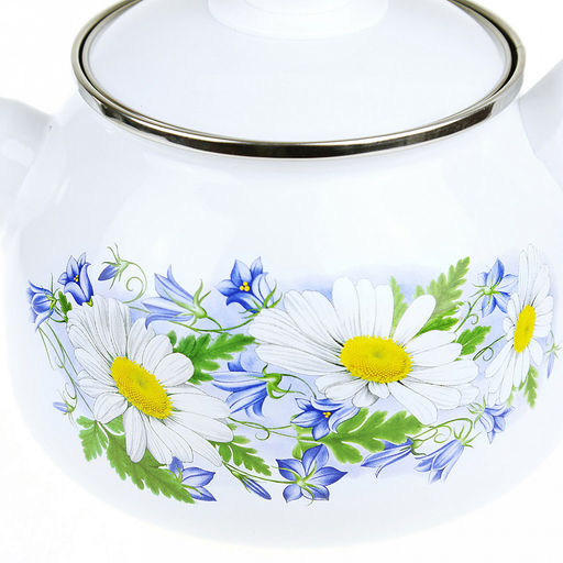 "Ромашковое поле" Чайник эмалированный 2,5л, со свистком, сферическая форма, металлическая крышка (Россия)