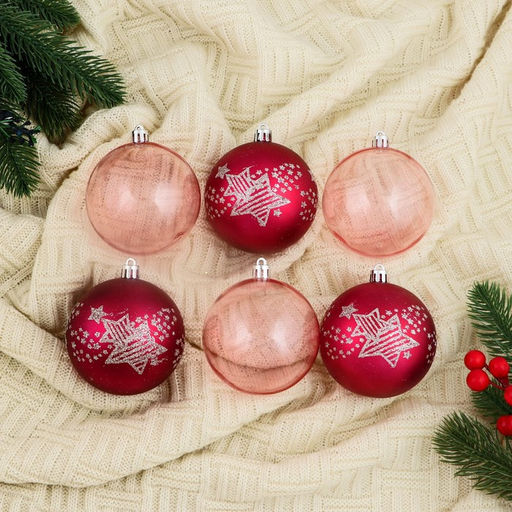 Ёлочные игрушки Ночка, шары новогодние, d=8 см, набор 6 шт., звёзды, розовый - Зимнее волшебство фото 3