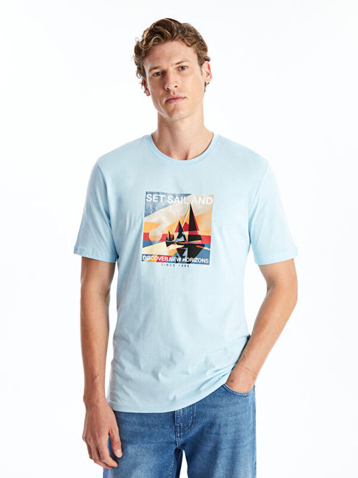 Bisiklet Yaka K?sa Kollu Bask?l? Penye Erkek Ti??rt