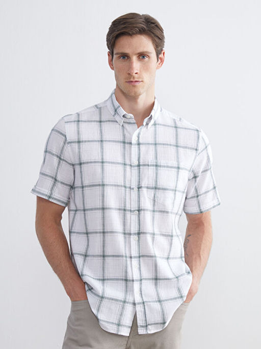 Regular Fit K?sa Kollu Ekose Poplin Erkek G?mlek