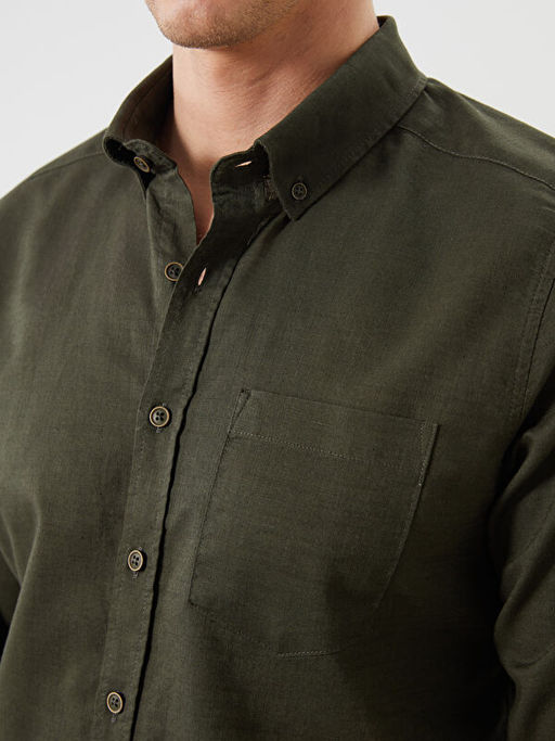 Regular Fit Uzun Kollu Keten Kar???ml? Erkek G?mlek