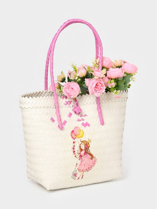 Сумка плетёная на застёжке «Девочка с букетом», 40×10×55 см, пластик, бело-розовая