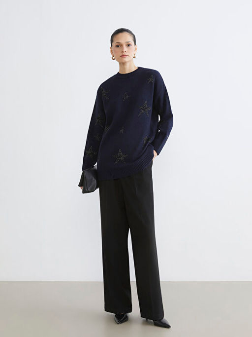 Bisiklet Yaka Y?ld?z Desenli Kad?n Triko Tunik