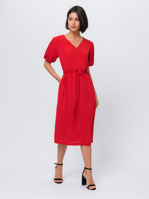 Платье красного цвета длины миди с пышными рукавами и глубоким вырезом - 1001dress фото 2