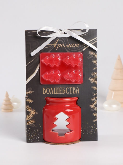 Набор: аромалампа для эфирных масел, мелтсы из воска ароматические Ёлочка, красная, 7.5?7.5?8 см