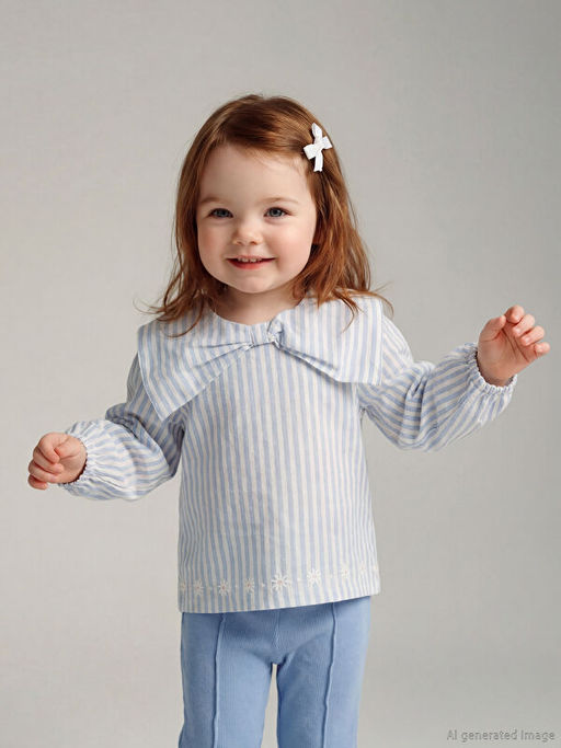 Fiyonk Yaka Detayl? ?izgili K?z Bebek Bluz ve Tayt