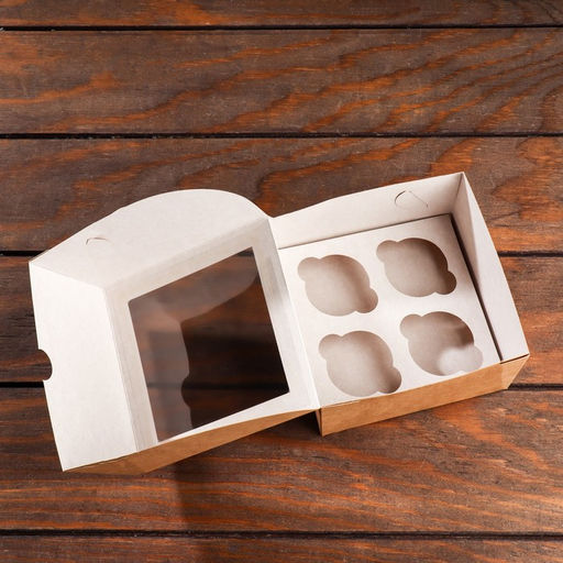 Цена за 5 шт. Коробка на 4 мини - капкейка крафт с окном, 13×13×8 см