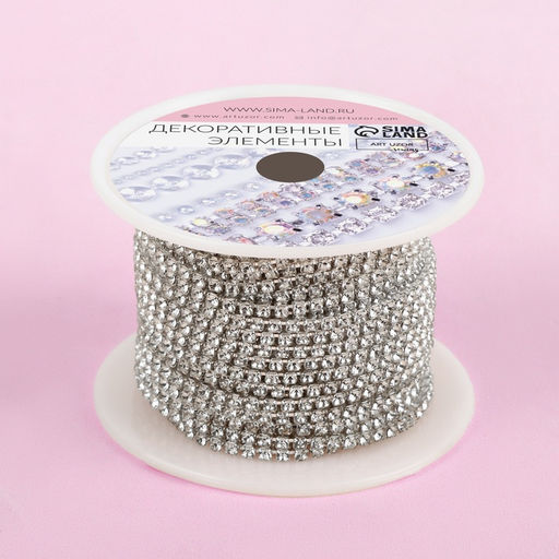 Цепь со стразами, металл, стекло, 2 мм, 9±1 м, цвет серебряный