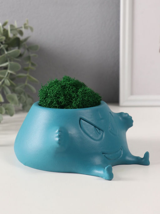Стабилизированный мох в кашпо из бетона «Злобный смех», 15.5×12.5×6 см, голубой