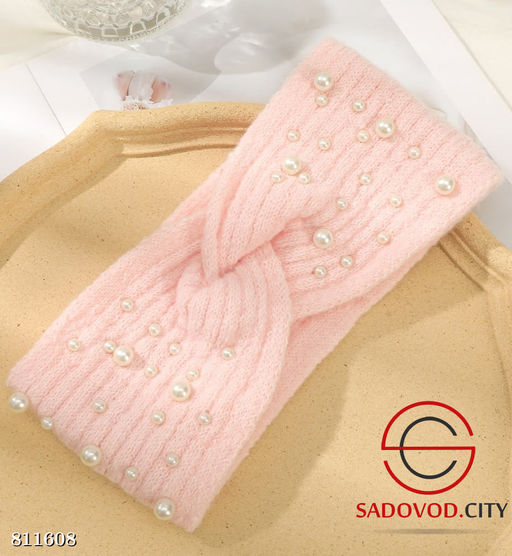 Зимняя тёплая шерстяная вязаная повязка на голову с бусинами - Bruno фото 2